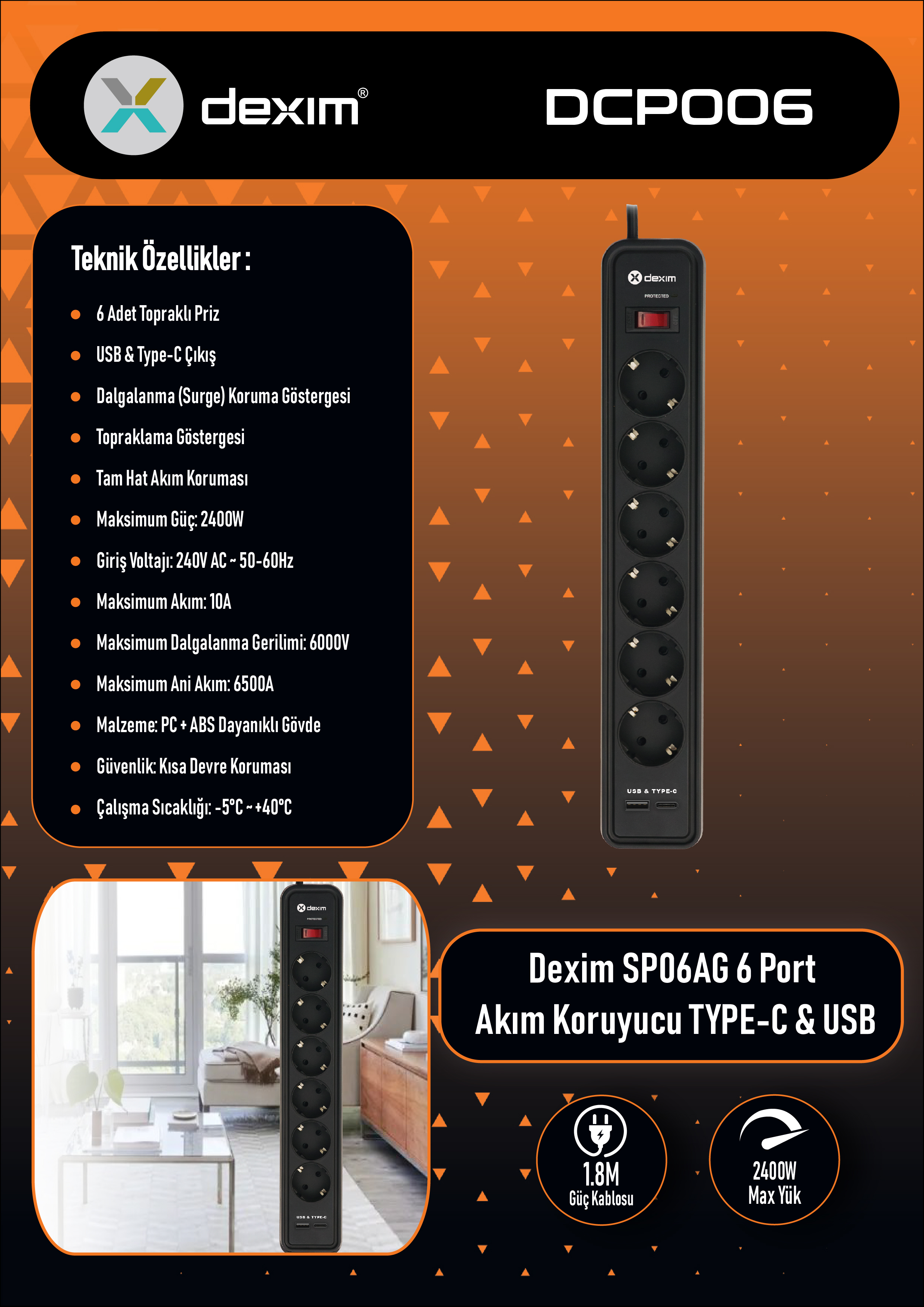 SP06AG 6 Port Akım Koruyucu Priz 1,5m kablo w/USB-A ve USB-C