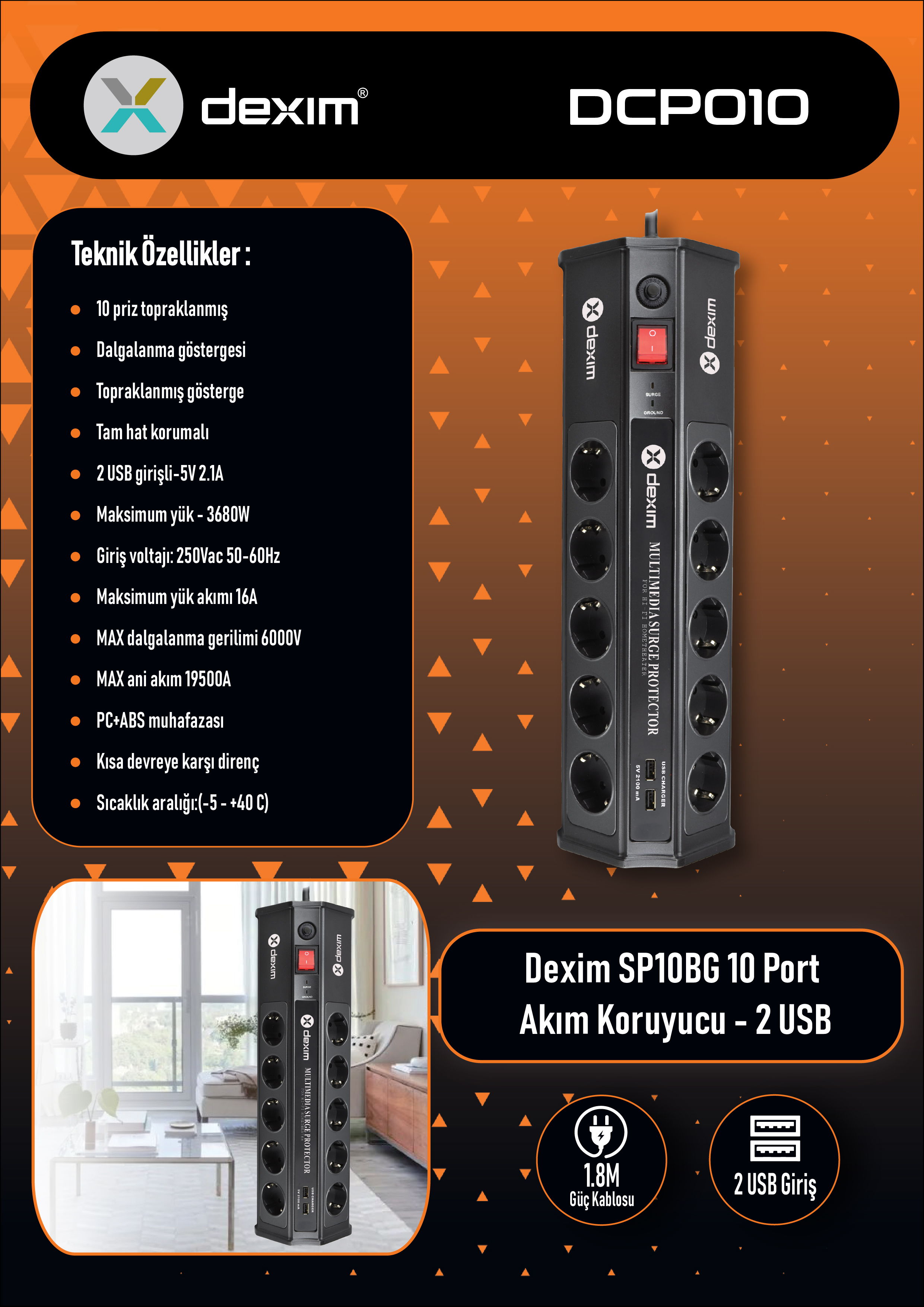 Dexim SP10BG 10 Port Akım Koruyucu - 2 USB