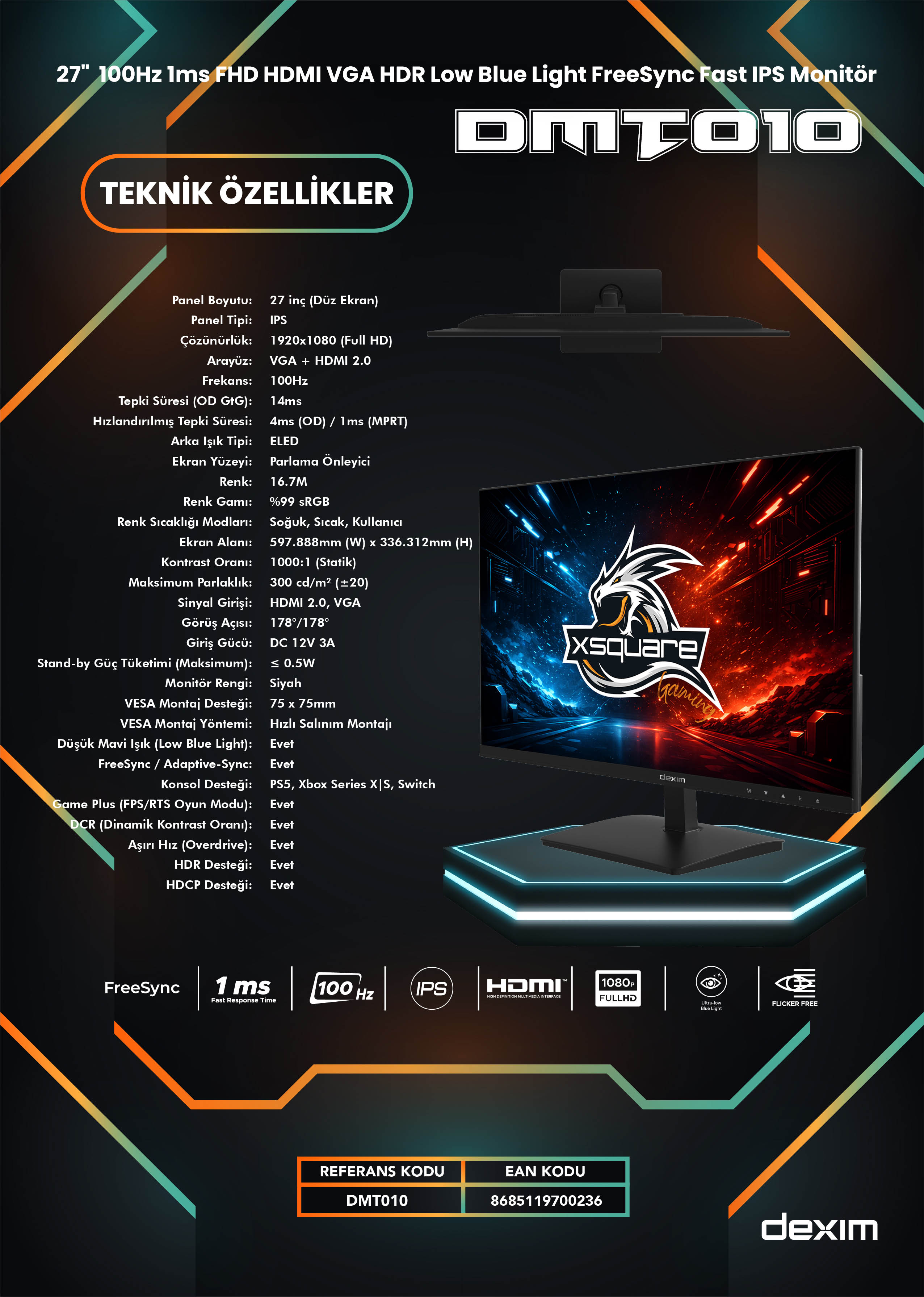 Dexim DMT010 27"  100Hz 1ms FHD HDMI VGA HDR Low Blue Light FreeSync Fast IPS Monitör