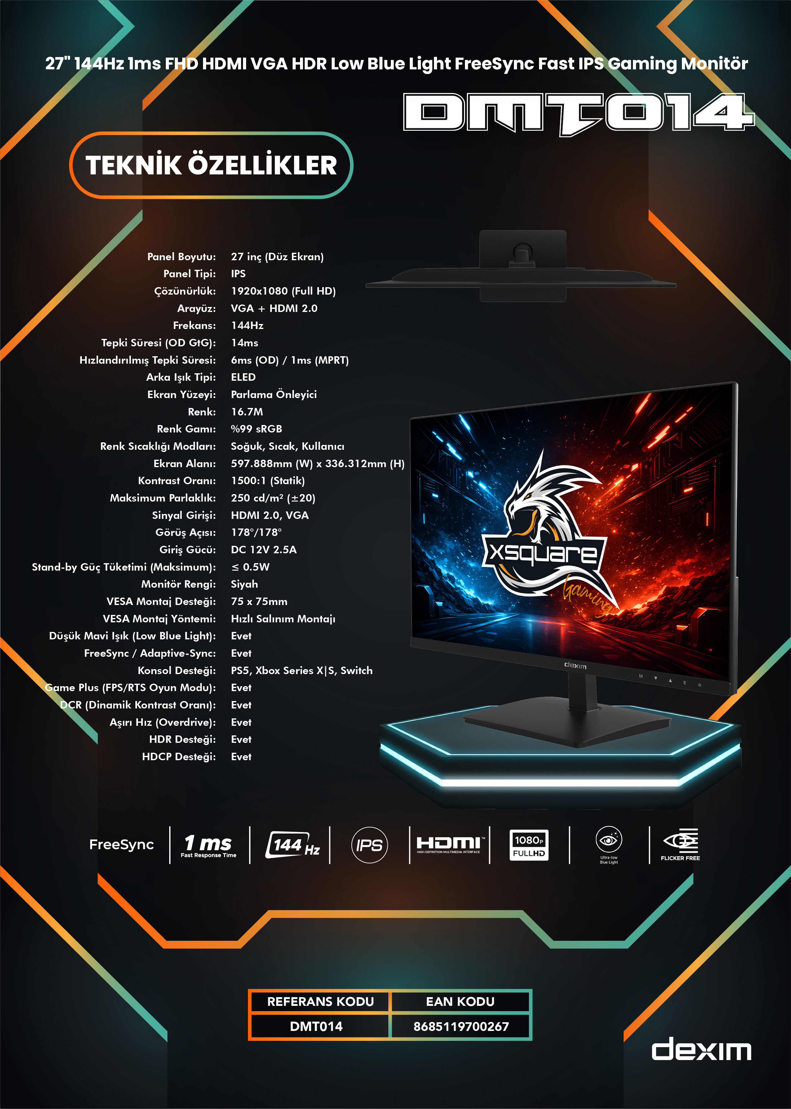 Dexim DMT014 27" 144Hz 1ms FHD HDMI VGA HDR Low Blue Light FreeSync Fast IPS Gaming Monitör